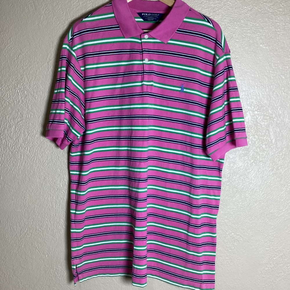 Polo Golf Ralph Lauren Men's XL Pink/Green Stripe Pima Cotton Pro Fit Polo Shirt